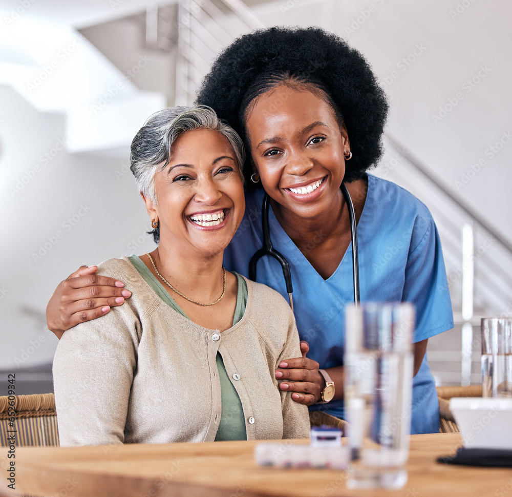 Portrait, smile and assisted living caregiver with an old woman in the living room of a home together. Healthcare, support or community with a happy nurse or volunteer and senior patient in a house