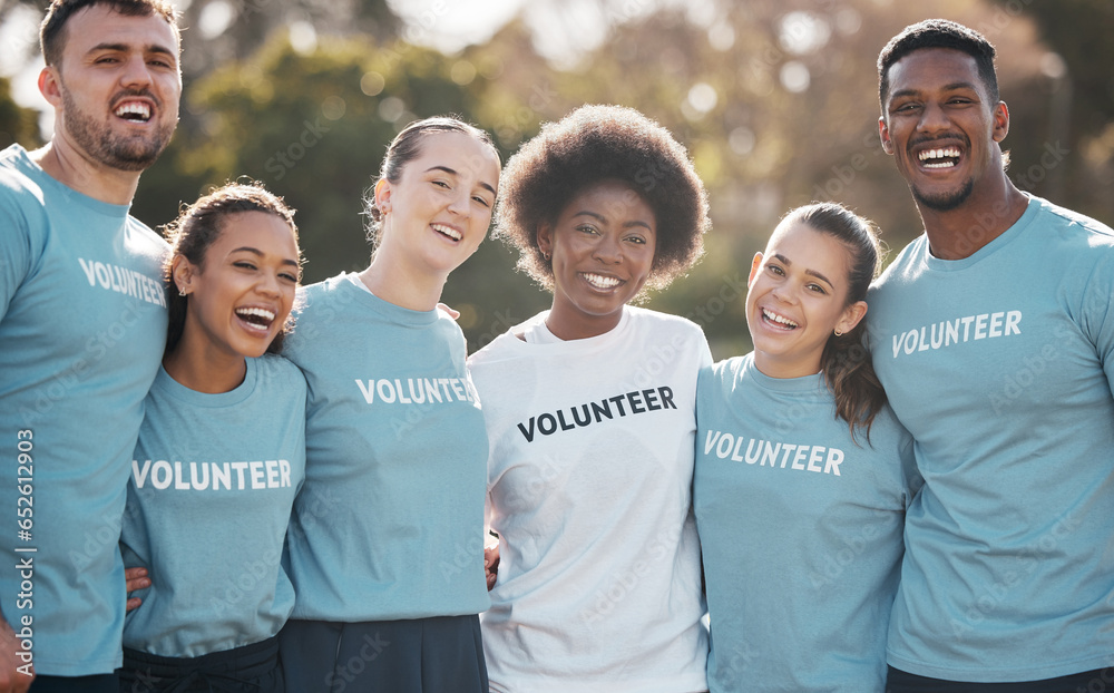 Portrait, hug and volunteer group with a smile, outdoor and nature with community, climate activist and support. Face, people and leader outside, environment and teamwork with care and sustainability