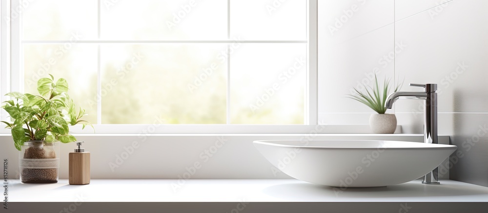 Modern minimalist bathroom with countertop vessel sink appearing blurred