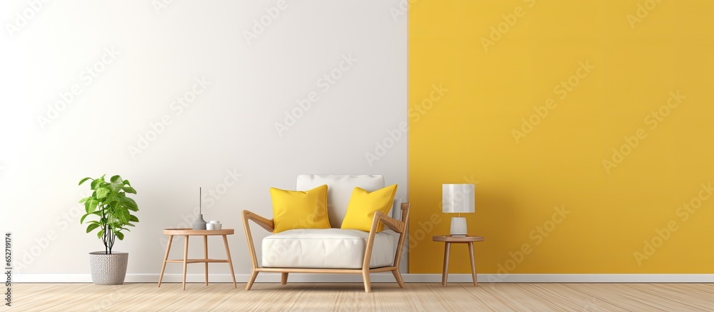 of a minimalistic living room with white and yellow walls wooden floor and a yellow chair by the coffee table