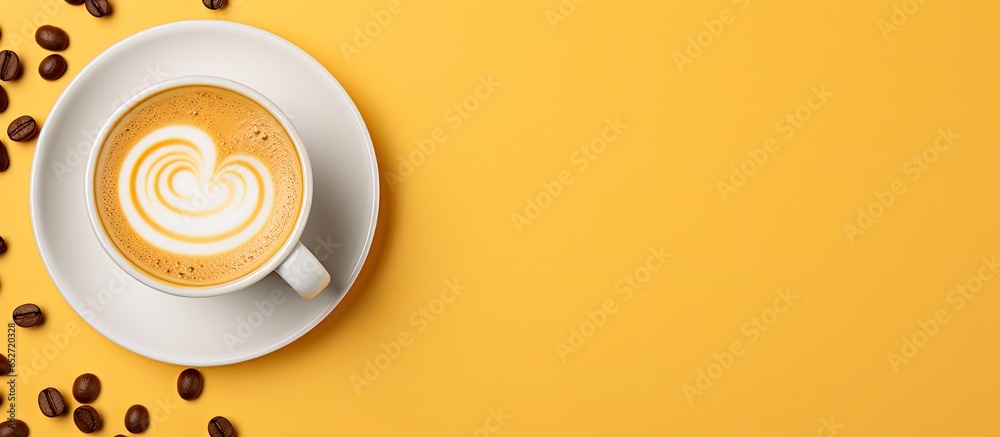 Yellow background with sunlit white coffee cup featuring milk pattern in minimalist style