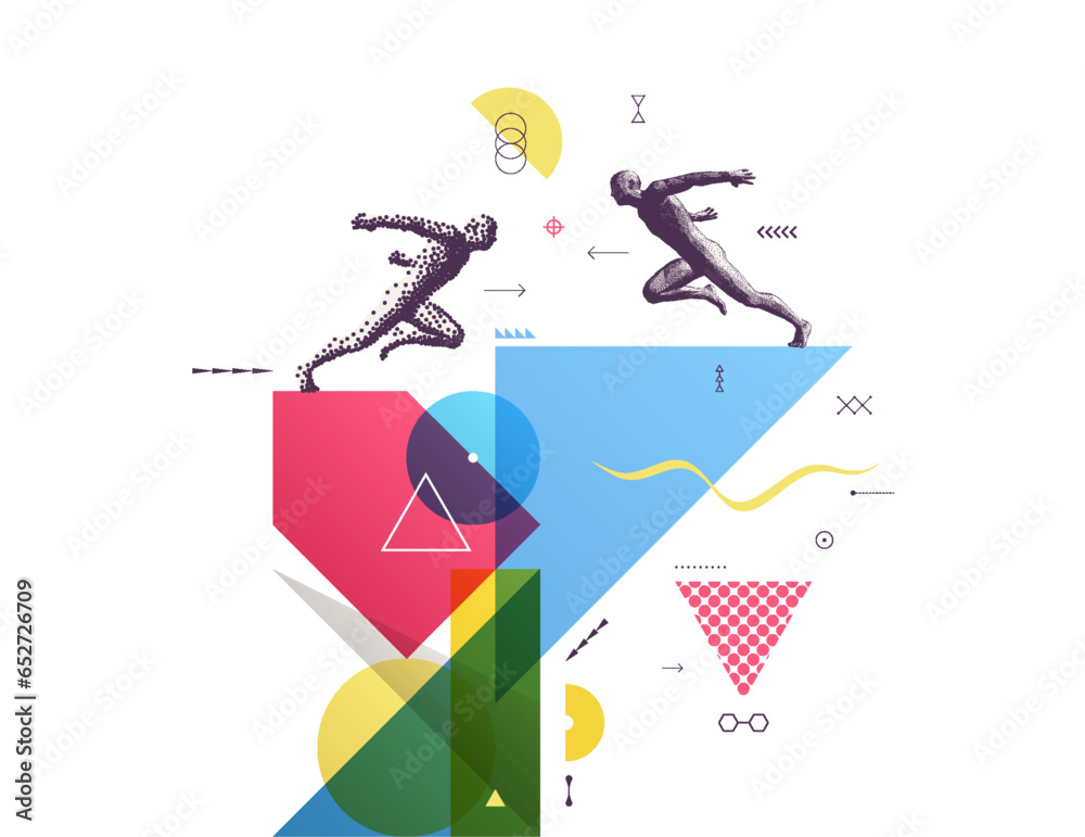 Art composition. Running man or marathon runner. 3D human body model. Design for sport. Transparency geometrical background. Cover design template for presentation, poster, cover or brochure.