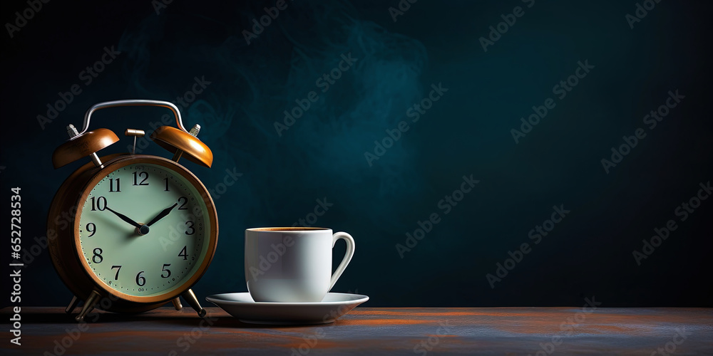 Vintage alarm clock and cup of coffee on the uniform dark backdrop with a copy space. Generative AI