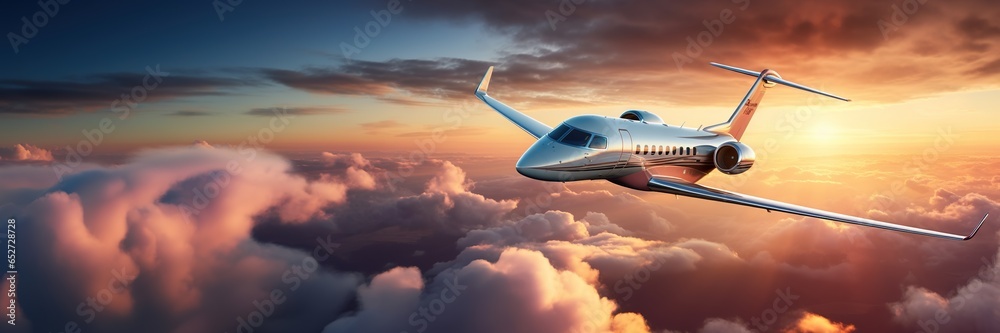 Luxury private jet flying above the clouds, beautiful sunset on background. Travel and airplane concept. Generative AI