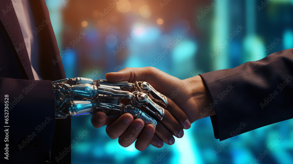 Business handshake of human and robot. Collaboration of artificial intelligence and man. Generative AI