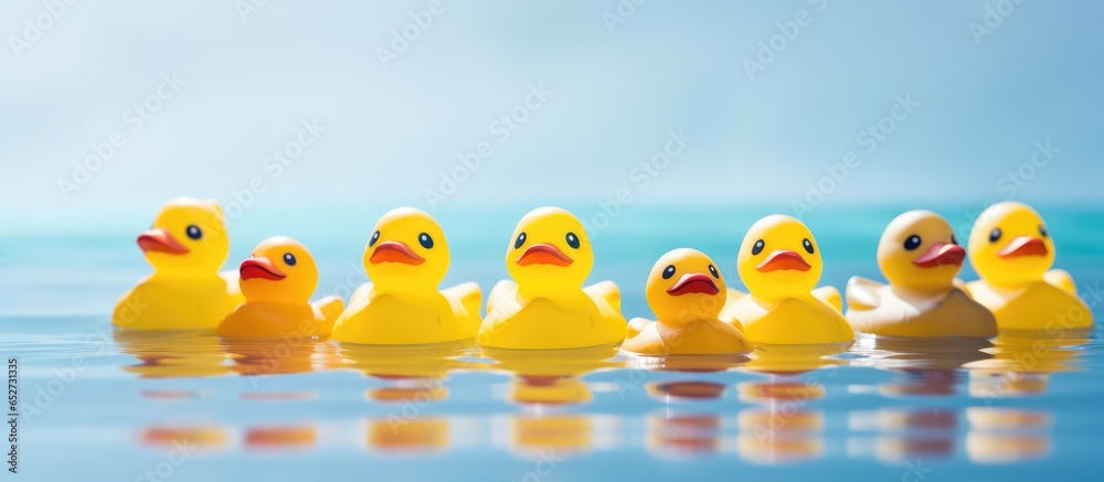 Diverse rubber ducks form a line