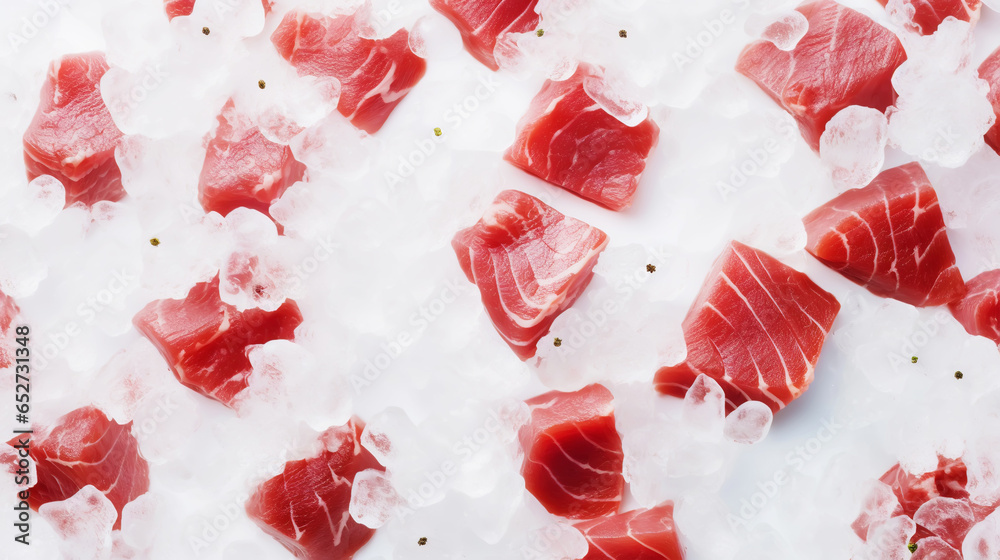 Slices of tuna fish on the ice cubes. Fresh fish fillet. Seafood background. Generative AI