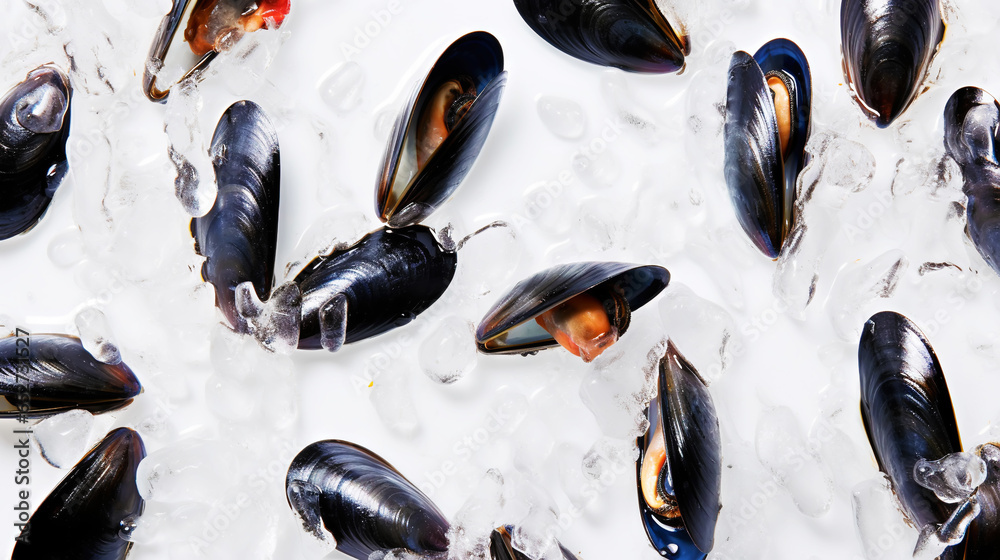 Raw Mussels on ice in the restaurant . Fresh seafood shellfish background. Generative AI