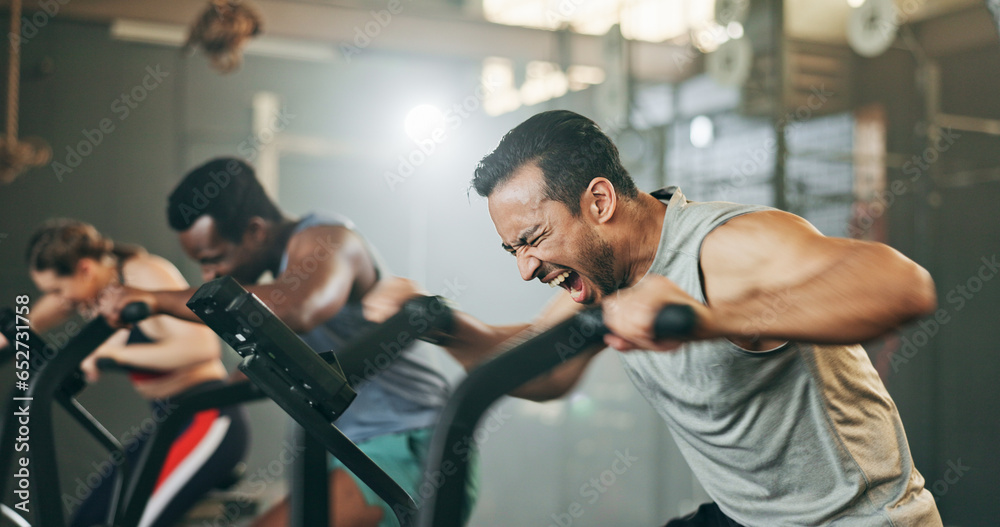 People, diversity and cycling at gym in fitness, workout or intense cardio exercise together and motivation. Diverse group burning sweat on bicycle machine for healthy body, wellness or lose weight