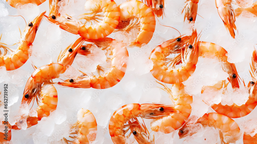 Top view of raw whole shrimps on ice. Seafood background. Generative AI