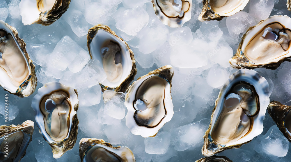 Top view on fresh oysters laying on crushed ice. Seafood background. Generative AI