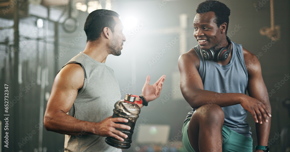 Happy man, friends and high five in fitness, workout or exercise in teamwork, motivation or gym together. People touching hands in success for sports training, healthy wellness or team in body goals