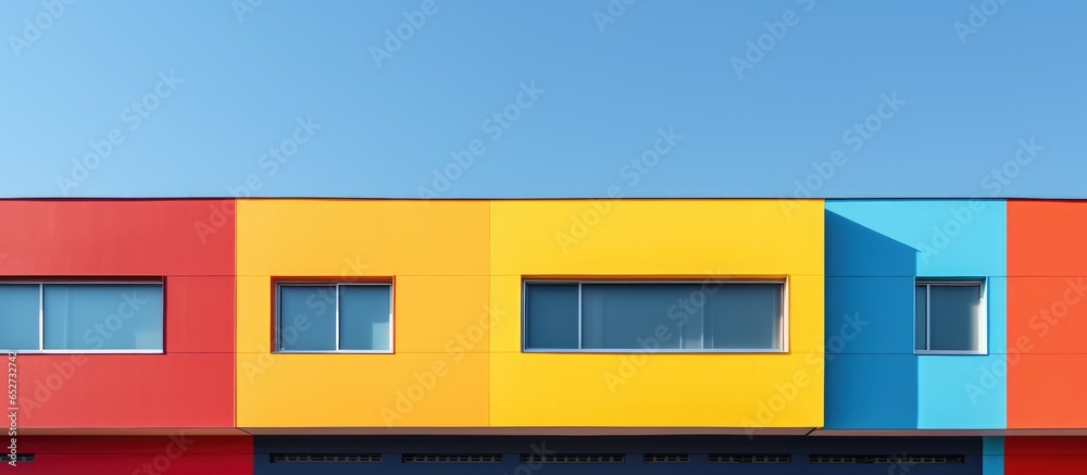 Colorful symmetrical building with professional minimalistic aesthetic and empty space for content