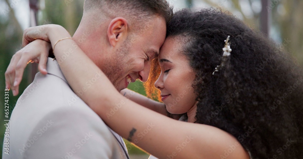 Wedding dance, couple closeup and hug in park gazebo outdoor with love, commitment and trust together. Garden, romance and ceremony with bride and groom with calm and care with embrace and smile