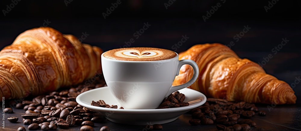 Selective focus on a retro background with white coffee cup and dark croissants Breakfast idea