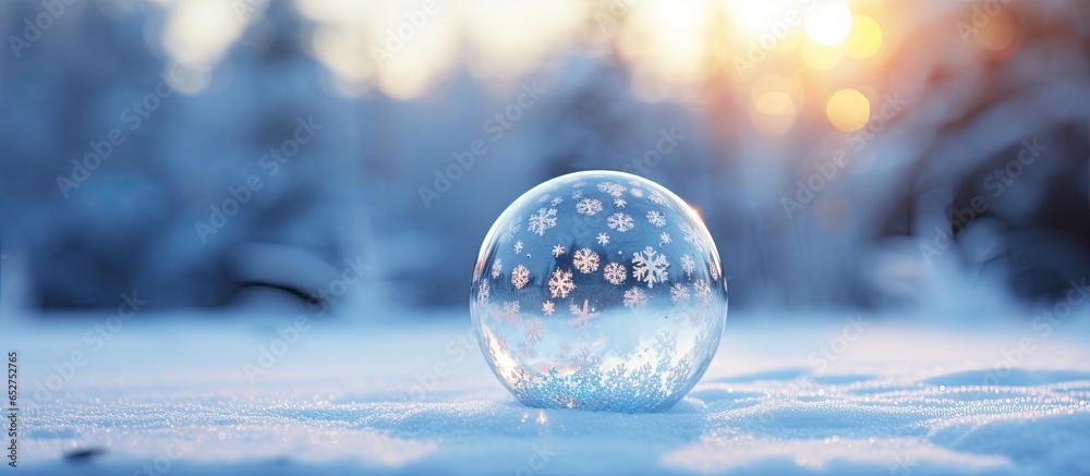 Snow covered Christmas ball made of clear glass