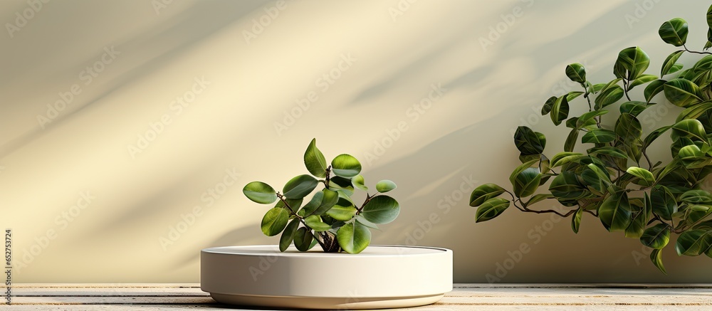 White round coffee table with green leaf plants in a vase illuminated by morning sunlight and casting shadows on a beige wall