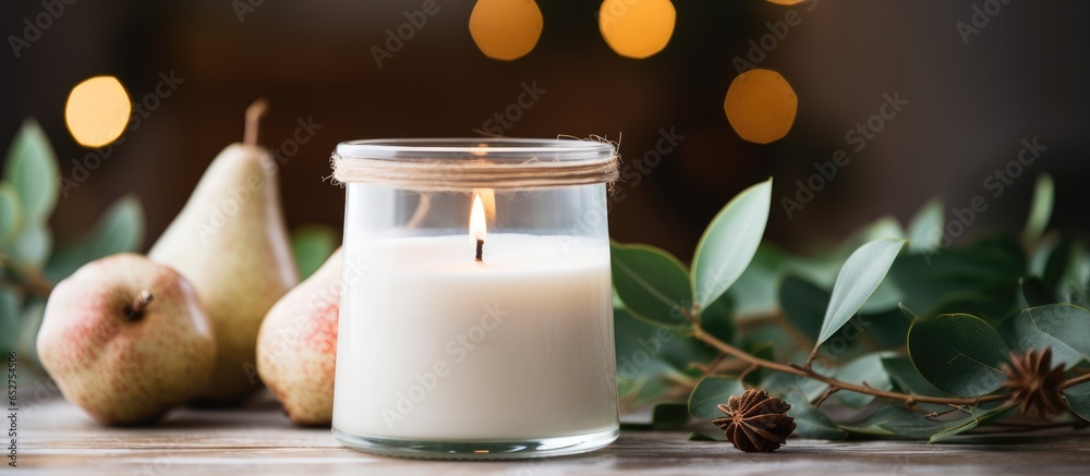 Eco friendly mockup of a branded candle with natural pear decoration in a glass jar