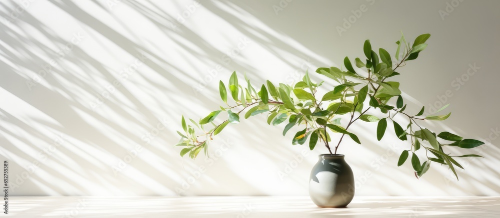 Green branches of spring tree with shadow on marble wall wood table copy space