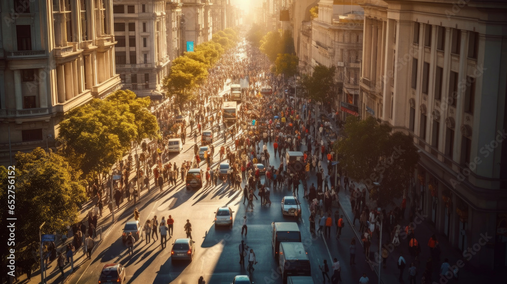 Aerial view of crowd people walks on a business street pedestrian in the city. blurred business people walking on a street. Generative Ai