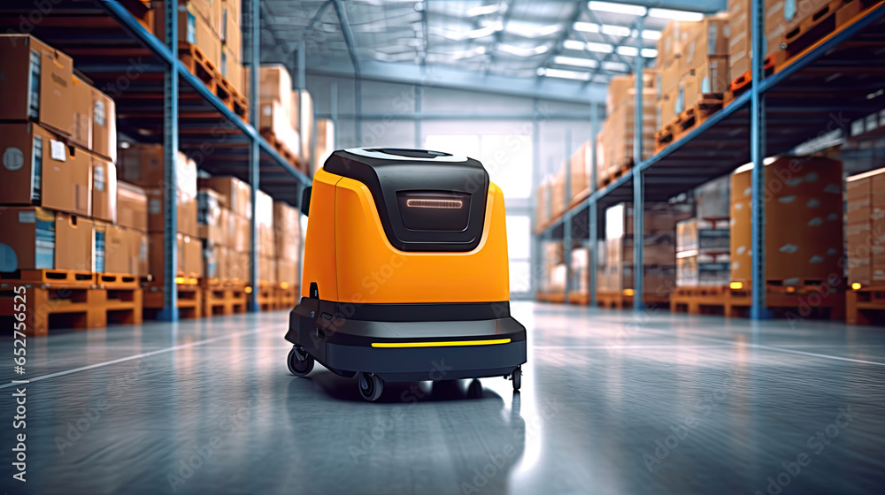 Automated guided vehicle in warehouse logistic and transport. AGV. Generative Ai