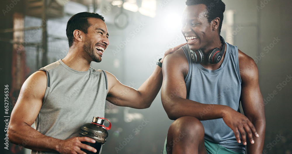 Happy man, friends and high five in fitness, workout or exercise in teamwork, motivation or gym together. People touching hands in success for sports training, healthy wellness or team in body goals