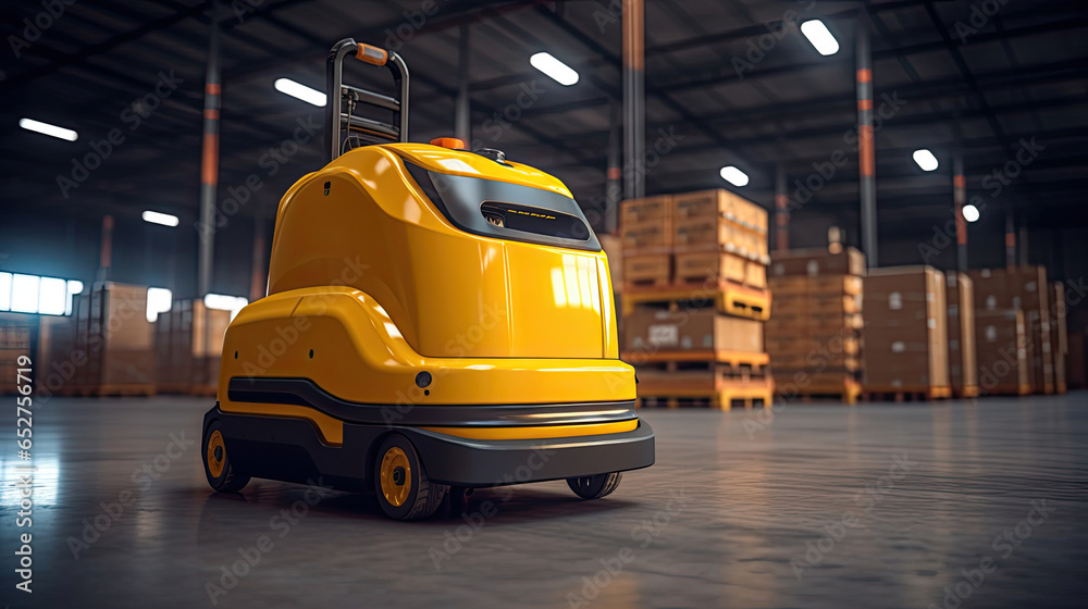 Automated guided vehicle in warehouse logistic and transport. AGV. Generative Ai