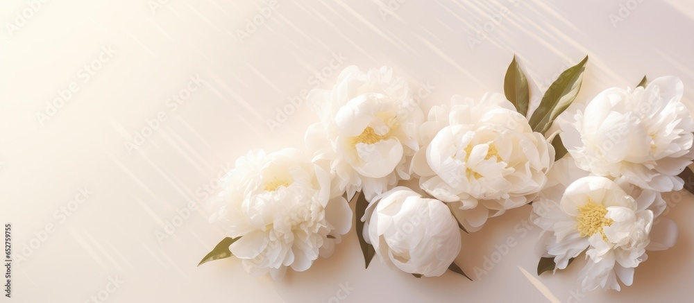 Neutral beige background showcasing elegant white peony flowers with sunlit shadows in a top view bohemian aesthetic