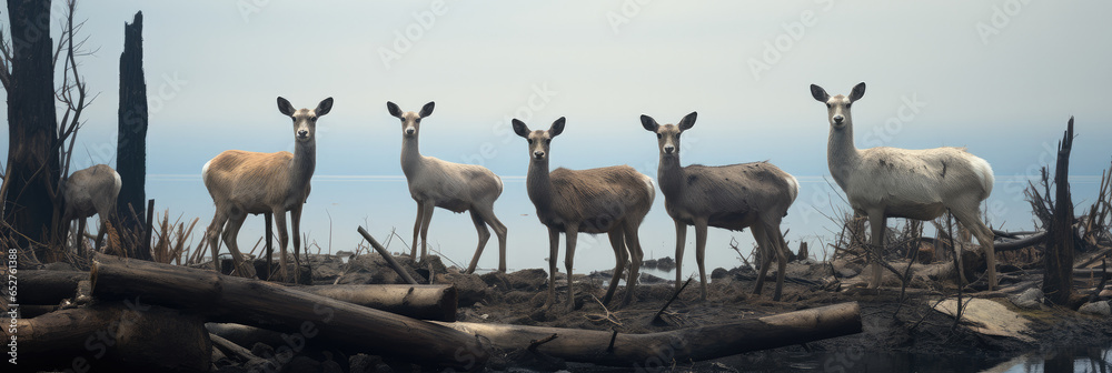 Group of gazelles on the mountaintop resting on ruins, Decay and garbage.