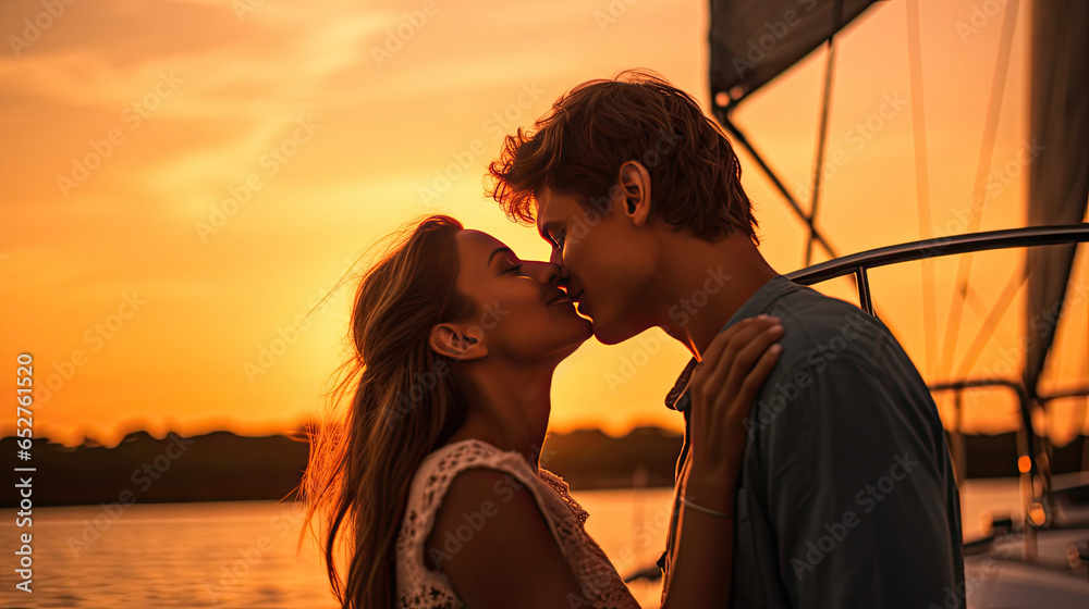 Beautiful couple waiting to kiss as they sail on a yacht against a sunset. Generative Ai