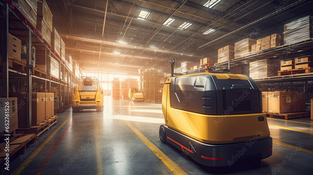 Automated guided vehicle in warehouse logistic and transport. AGV. Generative Ai