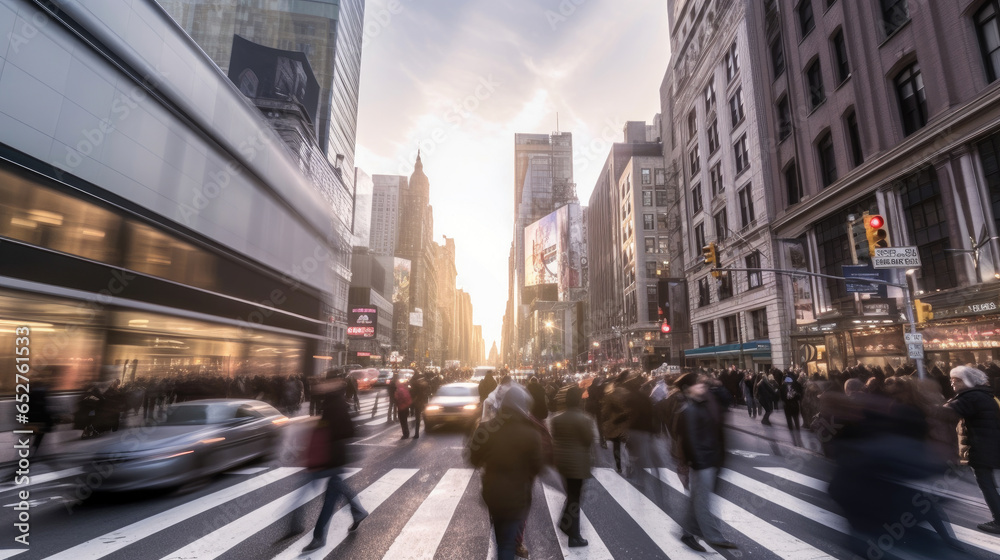 Blurred Busy street scene with crowds of people walking across an intersection in New York City. Generative Ai