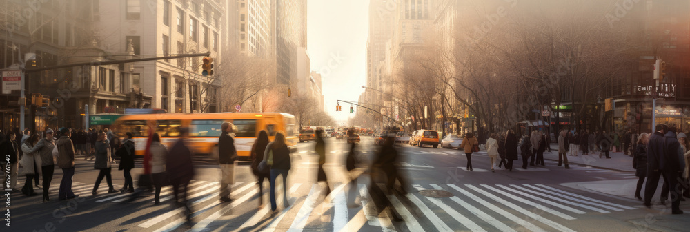 Blurred Busy street scene with crowds of people walking across an intersection in New York City. Generative Ai