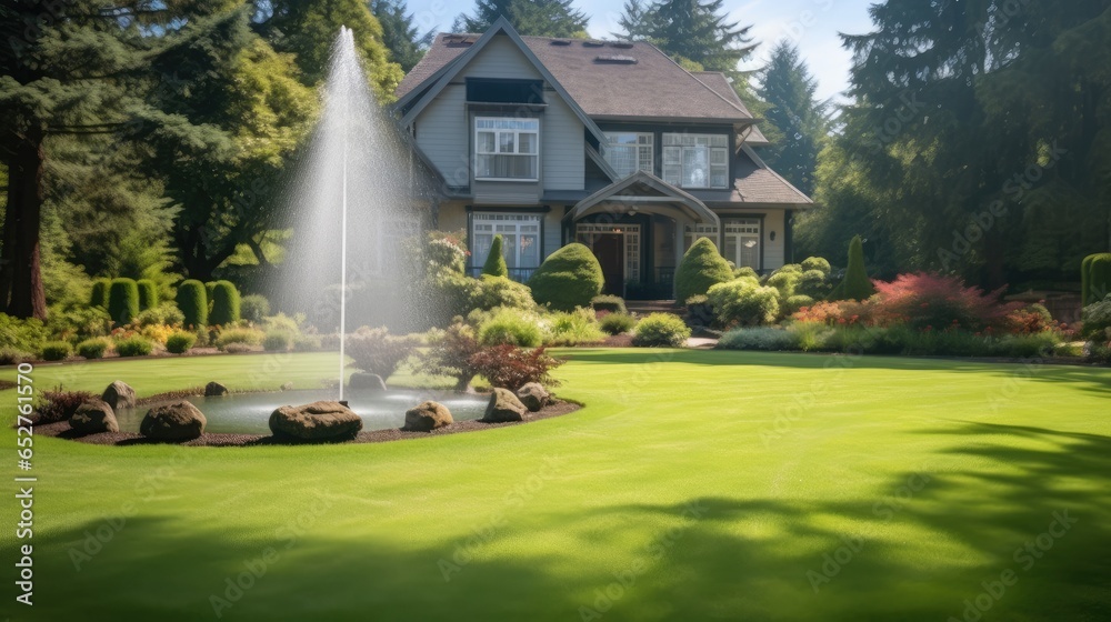 Beautiful house with a nice front yard and a fountain sprinkler system, Mansion Exterior.