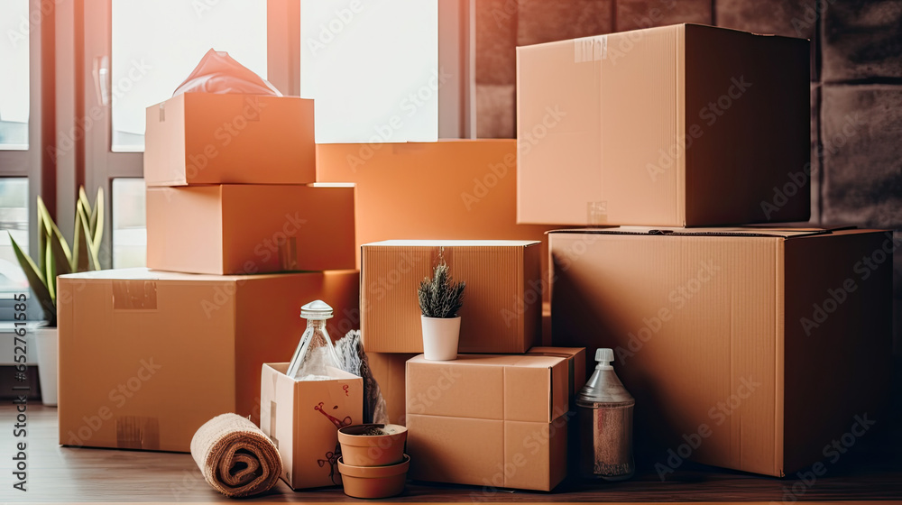 Cardboard boxes and cleaning things for moving into a new home. Move home concept. Generative Ai