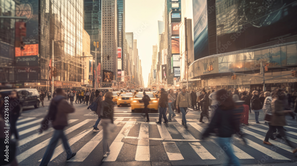 Blurred Busy street scene with crowds of people walking across an intersection in New York City. Generative Ai