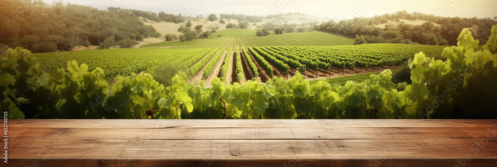 Empty wood table top with on blurred vineyard landscape background. Generative Ai