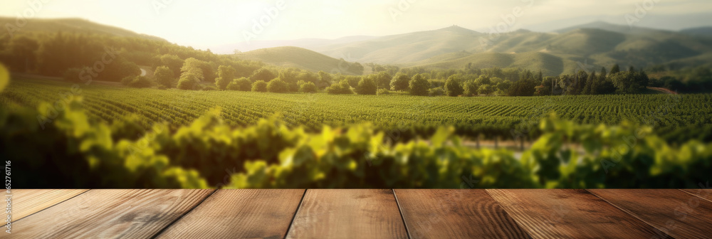 Empty wood table top with on blurred vineyard landscape background. Generative Ai