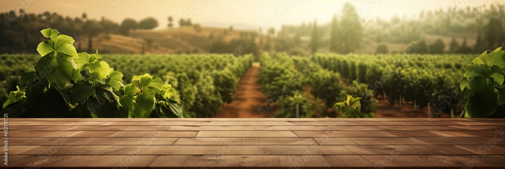 Empty wood table top with on blurred vineyard landscape background. Generative Ai