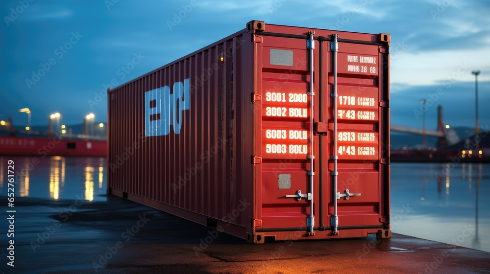 A large shipping container equipped with a digital screen.