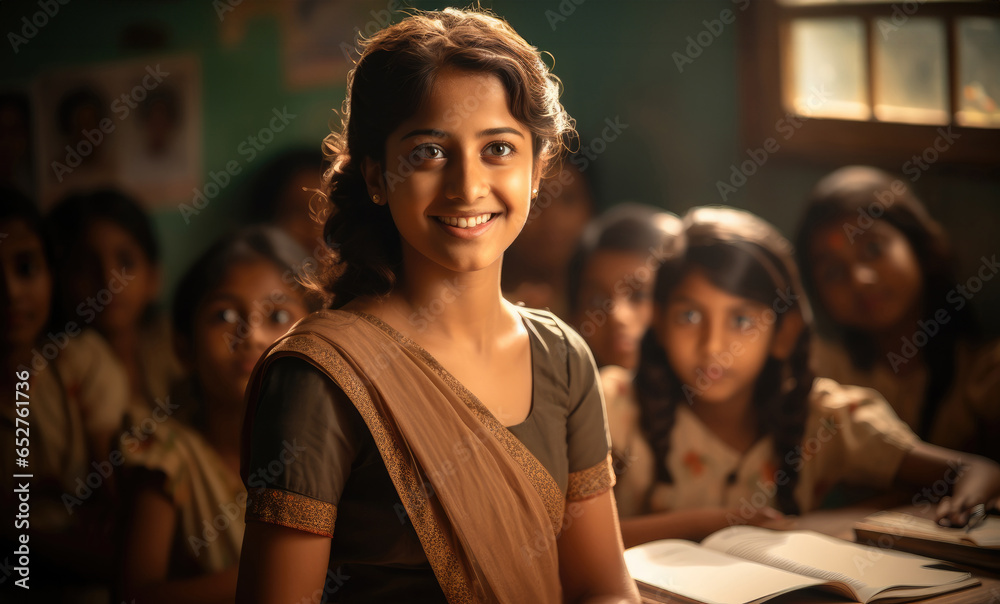 A Indian woman teacher wear a saree are teach her students in the classroom.