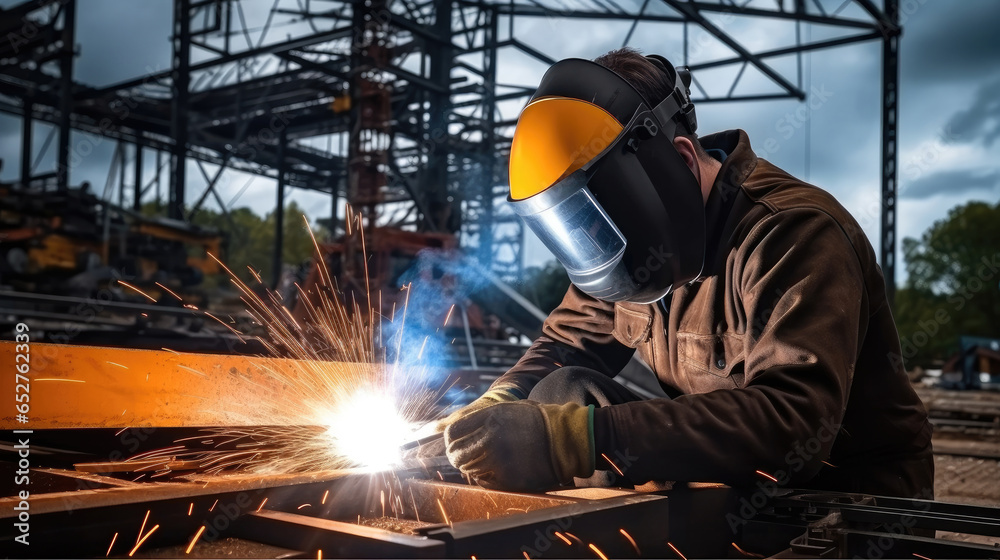 Construction worker weld metal with an arc welding machine at the construction site.