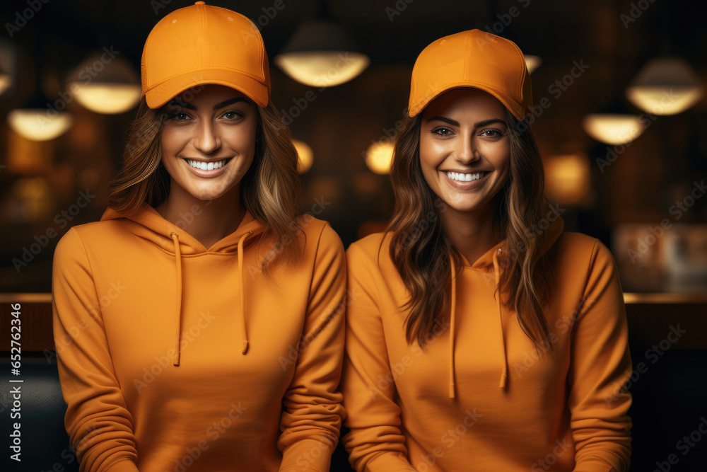 Smiling two female wear orange clothes and a cap full.