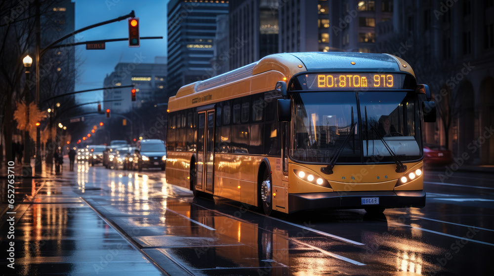 Bus car in a bustling urban intersection with intelligent traffic light.