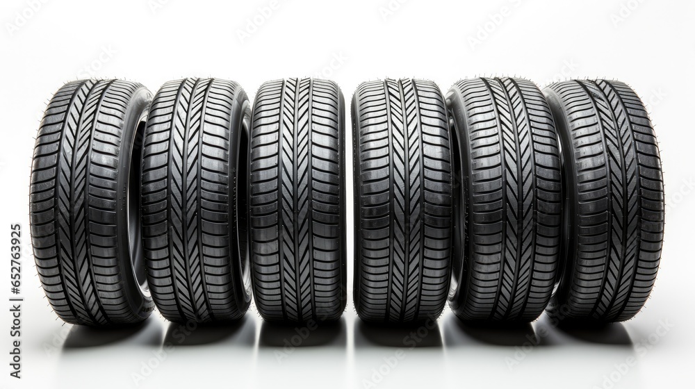 Car tires in a row isolated on white background.