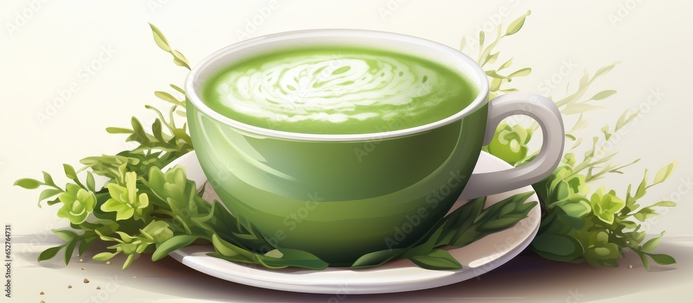 Japanese matcha tea made from organic green powder with tea plant branches and leaves Macha logo design Background for menu website flyer