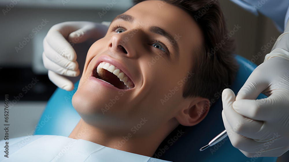 Dentist removing a young man patients teeth in the dentist office.