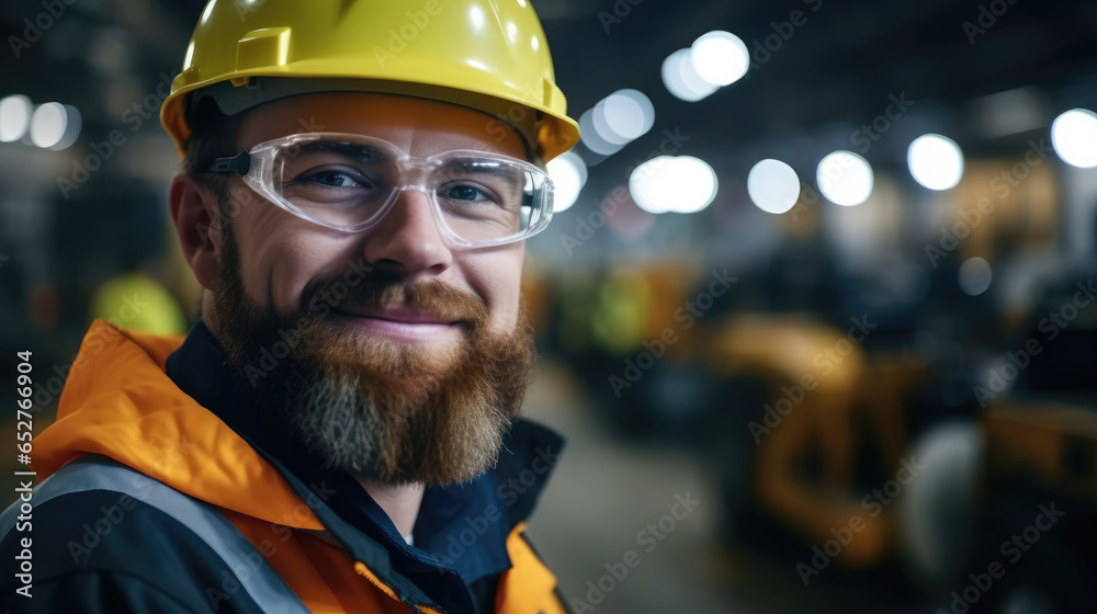 Portrait of Industrial Engineer wearing hard hat working in big heavy industry factory.