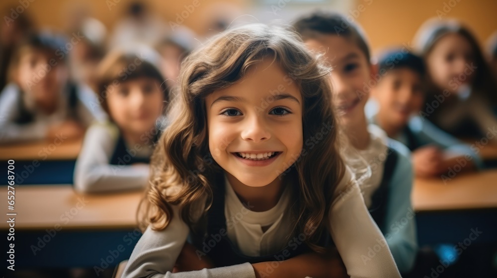 Smiling school little girl sitting at desk in classroom.