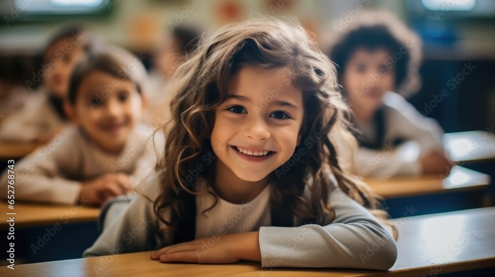 Smiling school little girl sitting at desk in classroom.